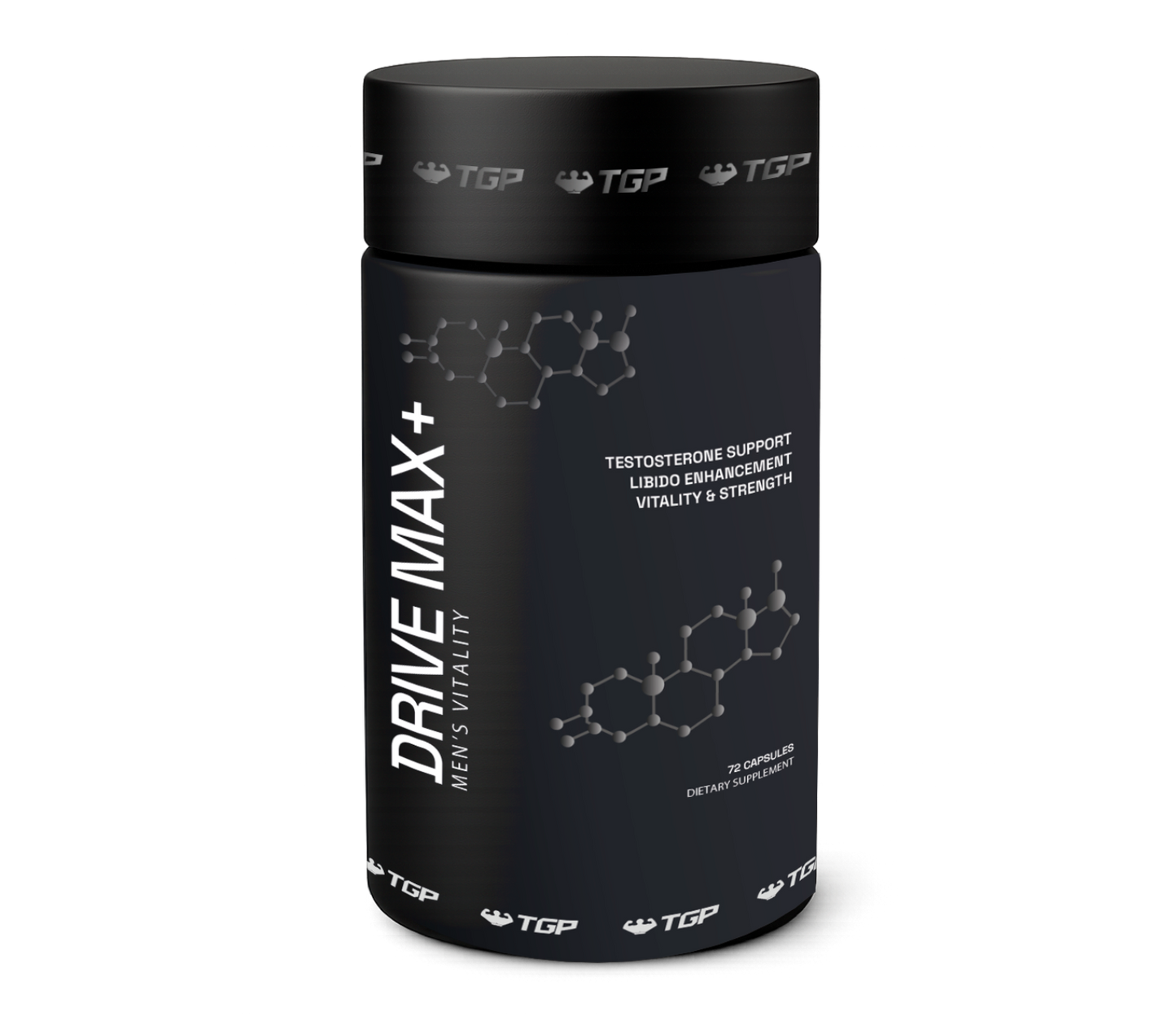 Black supplement container labeled 'Drive Max+' on a white background