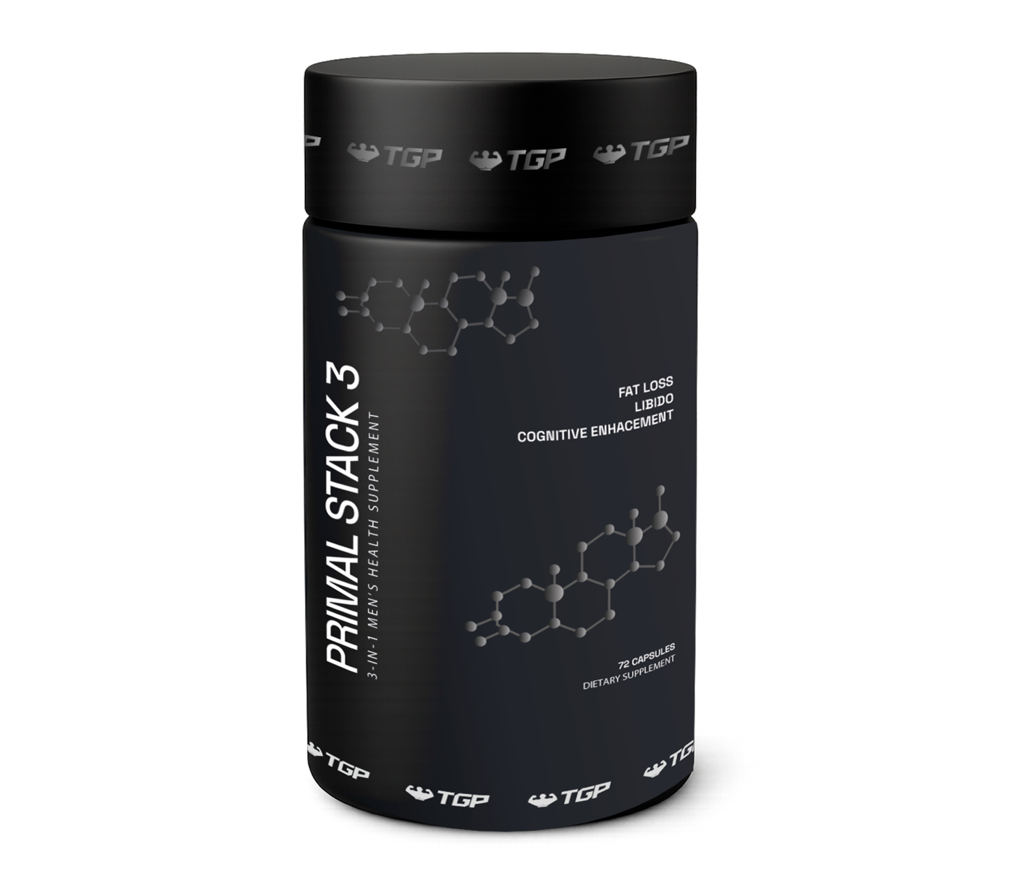 Black supplement container labeled 'Primal Stack 3' on a white background