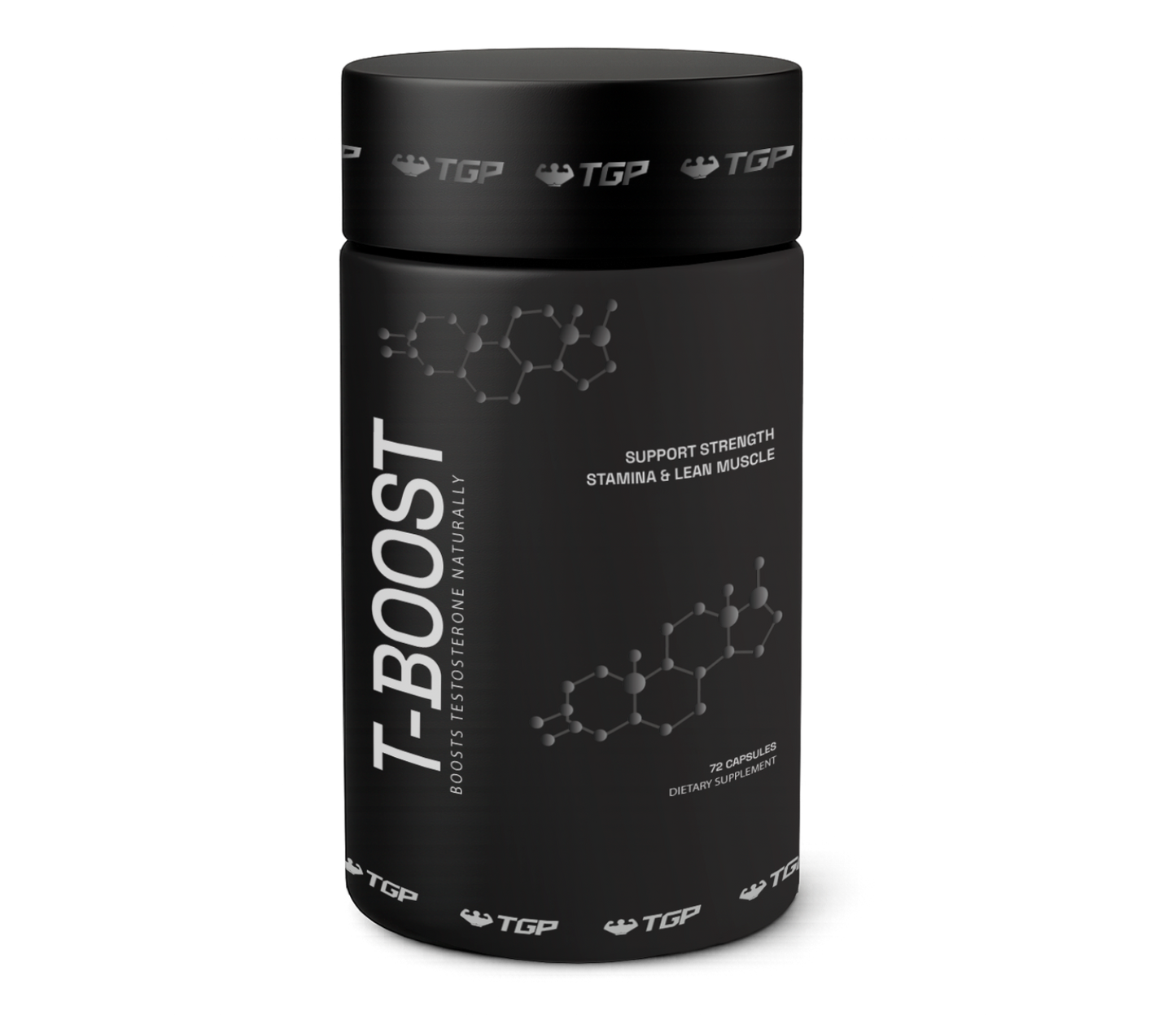 Black supplement container labeled 'T-Boost' on a white background