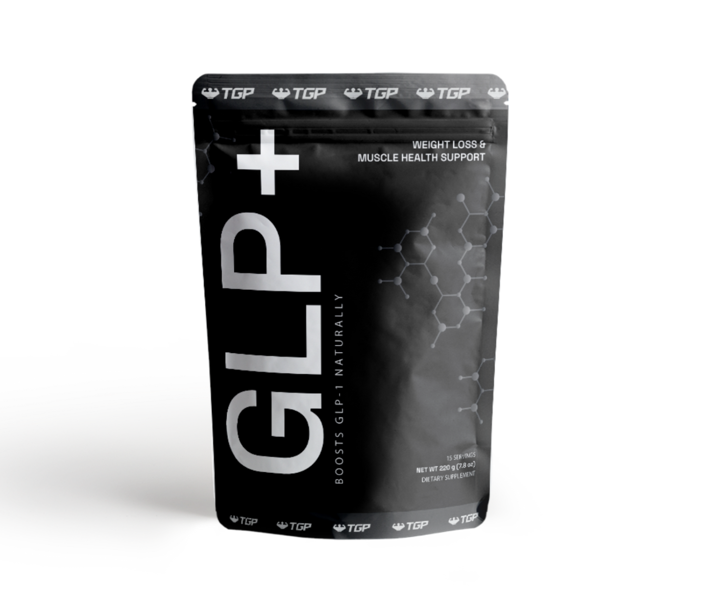 Black supplement package labeled 'GLP+' on a white background