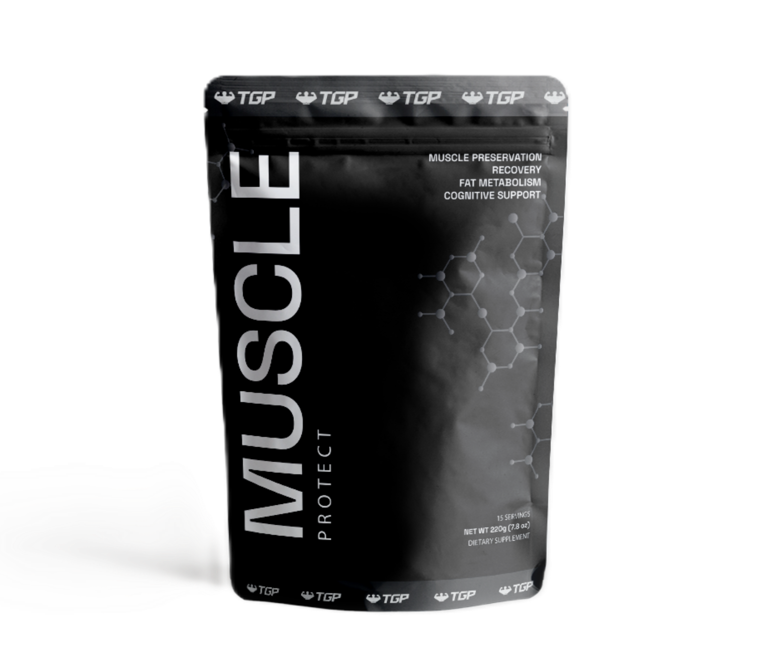 Black supplement package labeled 'MUSCLE PROTECT' on a white background